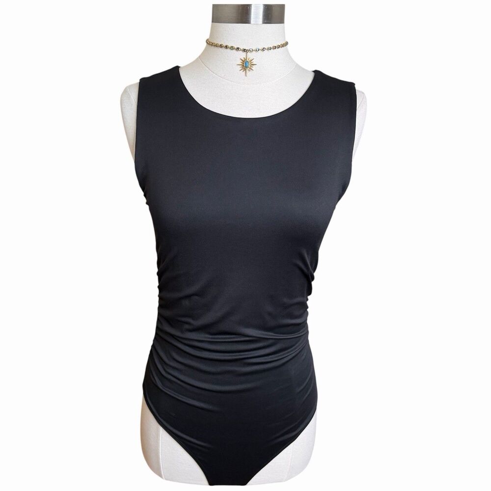 House Of Harlow 1960 Black Ruched Bodysuit M Sleeveless Scoop Neck Revolve